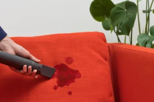 Grease stain on couch fabric being blotted during cleaning
