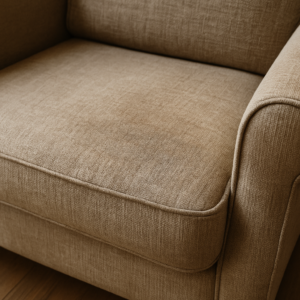 Worn couch fabric showing damage from frequent cleaning 