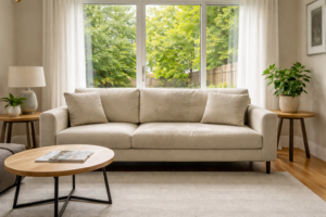 Fabric couch in a living room after drying with uneven airflow
