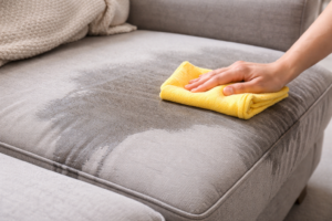 Hand blotting a damp gray couch cushion with a yellow microfiber cloth, showing visible moisture on the fabric.