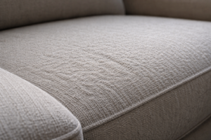 Close-up of couch upholstery showing uneven, roughened fabric texture caused by scrubbing.