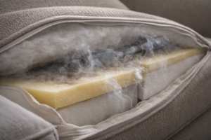 Partially unzipped couch cushion showing foam and batting layers inside, illustrating how odors can linger in cushions.