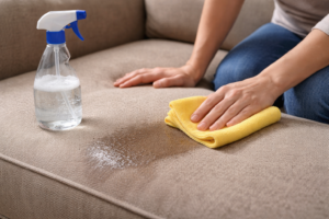 Couch cushion with a damp spot, microfiber cloth, and spray bottle showing a pause during cleaning.