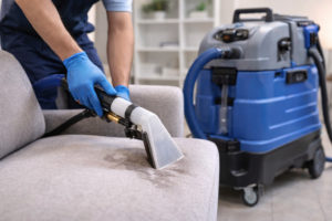 Professional cleaner using extraction equipment on a fabric couch cushion.