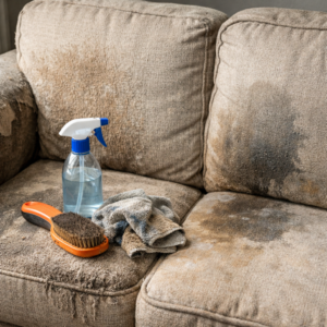 Fabric couch showing wear and discoloration from repeated cleaning, with cleaning tools placed on the cushion.