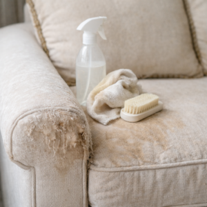 Delicate fabric couch armrest showing damage from home cleaning with cloth, brush, and spray bottle nearby.