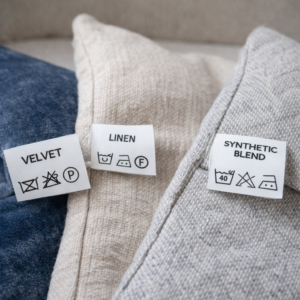 Close-up of velvet, linen, and synthetic couch fabrics with care labels showing different cleaning requirements.