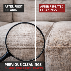 Split view of couch fabric showing smoother texture after first cleaning and worn texture after repeated cleanings.