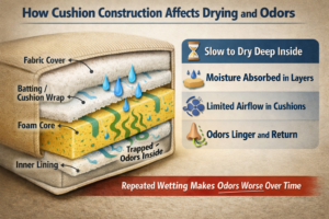 Cutaway couch cushion diagram showing fabric, batting, and foam layers where moisture and odors are retained.