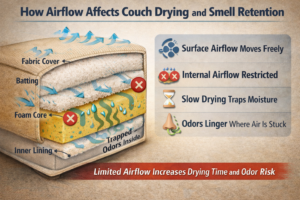 Article #109
Stage to execute:
Stage 4 — Image
Please execute now.
Cutaway couch cushion infographic showing restricted internal airflow, trapped moisture, and lingering odors.