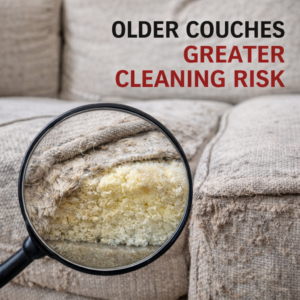 Worn couch cushion with frayed fabric and compacted foam showing age-related wear.