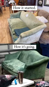 Dye transfer on a light fabric couch where home cleaning may cause further discoloration
