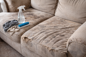 Worn fabric couch with frayed seams and cleaning tools, showing long-term damage caused by repeated DIY cleaning.