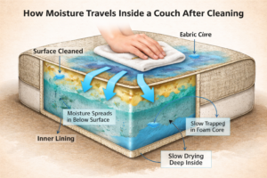 Cutaway illustration of a couch cushion showing moisture moving from the fabric surface into the foam core and drying slowly inside.