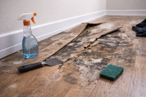 Damaged hardwood floor with warped planks after repeated restoration attempts