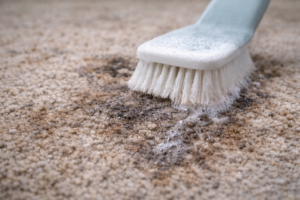 Old carpet with flattened fibers reacting poorly to gentle cleaning moisture