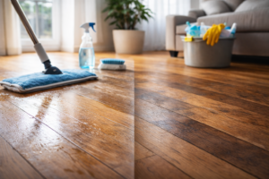 Hardwood floor with “safe for floors” cleaner showing subtle surface wear over time