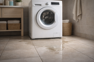 Water pooling beneath a washing machine on a laundry room floor, suggesting a leak without showing repair activity