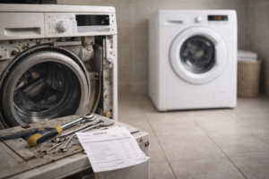 An older washing machine in a laundry room with accumulated service papers nearby, suggesting repeated repairs over time