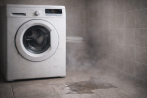 A washing machine in a laundry room that appears normal, illustrating problems that come and go without obvious signs