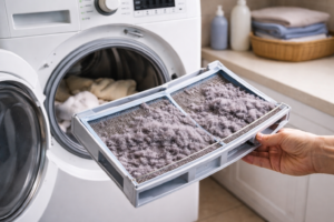 Lint buildup on a dryer lint filter, showing hidden fire risk even when the dryer appears to work normally