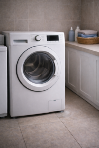 A clothes dryer showing subtle misalignment and vibration, suggesting permanent damage from continued noisy use