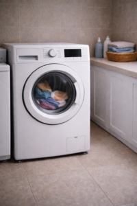 A clothes dryer running normally in a laundry room, showing that visible performance does not always reflect safety