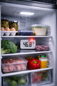 Condensation appearing unevenly on food items inside an open refrigerator, suggesting internal temperature imbalance