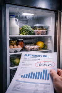 An older refrigerator in a kitchen showing signs of age, suggesting rising long-term costs despite normal operation
