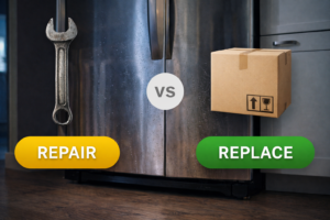 An aging refrigerator shown with a visual choice between repair and replacement, illustrating a decision based on age rather than failure