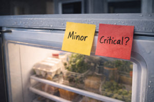 Subtle condensation and uneven conditions inside a refrigerator, suggesting small issues that may escalate over time