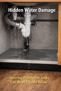 Subtle water damage beneath kitchen cabinetry near a dishwasher, indicating moisture spreading beyond the appliance
