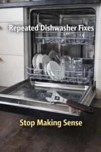An open dishwasher showing signs of wear, illustrating the decision point where repeated fixes stop making sense