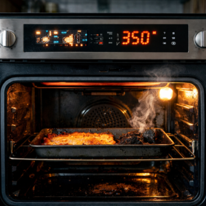 An open oven showing uneven interior lighting and heat, suggesting intermittent and inconsistent oven behavior