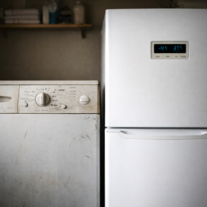 Two household appliances of different ages shown side by side, illustrating how appliance age affects repair versus replacement decisions