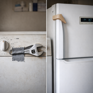 A close-up of a household appliance showing a temporary fix, suggesting hidden long-term damage beneath restored function