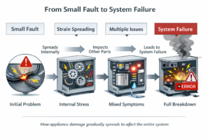 Side-by-side illustration comparing a washing machine with an internal fault to a normal washer affected by an external issue such as plumbing or supply problems.