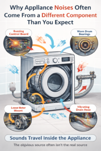 Diagram-style illustration showing how appliance noises travel through internal structures, making the sound appear to come from a different component than its actual source.