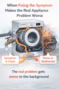 Diagram-style illustration showing how fixing a visible appliance symptom redirects internal stress and worsens the underlying problem elsewhere in the system.