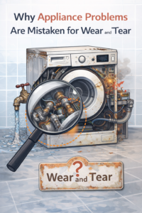 Illustration showing an appliance with visible aging while a magnified view highlights a specific internal issue that is mistakenly labeled as general wear and tear.