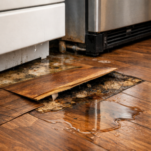Illustration showing moisture from an appliance leak spreading beneath floorboards, causing swelling and damage before visible surface signs appear.