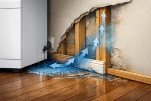 Illustration showing moisture from an appliance spreading across the floor and wicking upward into nearby wall materials, causing hidden wall damage before visible signs appear.