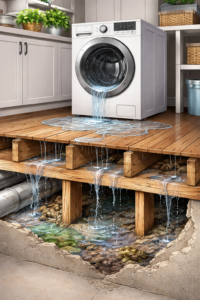Cutaway-style illustration showing repeated moisture from an appliance seeping into floors and reaching hidden structural elements, gradually weakening them without visible surface damage.