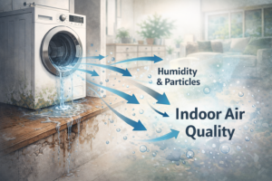 Illustration showing an appliance releasing moisture into surrounding materials, with arrows indicating how humidity and particles spread into indoor air and affect overall air quality.