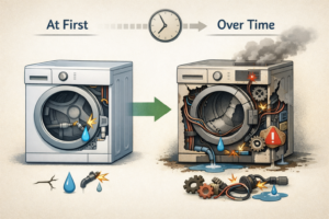 Illustration showing an appliance over time with growing internal complexity, where an initially small issue gradually affects multiple components due to delayed attention.
