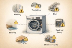 Diagram-style illustration showing an appliance connected to surrounding home systems such as flooring, walls, ventilation, and utilities, indicating how broader home conditions can influence appliance behavior.