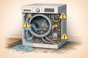 Cutaway-style illustration showing an appliance where damage has spread across multiple internal areas, highlighting why a single isolated fix no longer stabilizes the system.