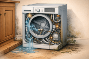 Cutaway-style illustration showing an appliance interacting with surrounding home elements such as flooring, cabinetry, and walls, indicating how ongoing maintenance affects the condition of the home, not just the appliance.