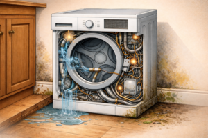 Cutaway-style illustration showing an appliance affecting surrounding home areas, with moisture, vibration, and stress spreading from the appliance into floors, walls, and nearby structures, illustrating secondary home damage.