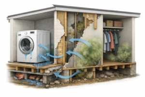 Cutaway-style illustration showing an appliance contributing moisture into surrounding materials, with hidden damp areas creating conditions that can support mold growth away from the appliance itself.